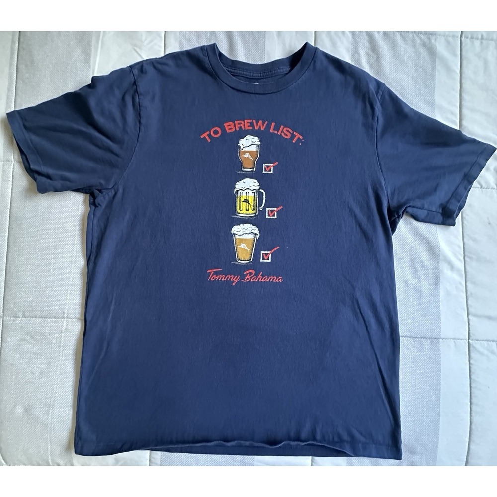 Tommy Bahama "To Brew List" Men's Medium Navy Blue T-shirt Beer Graphic